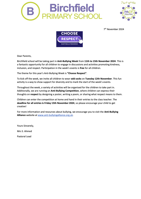 Anti Bullying Week parent letter