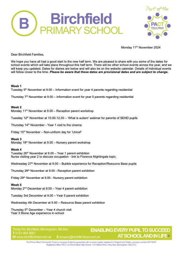 Autumn 2 Dates for parents 1